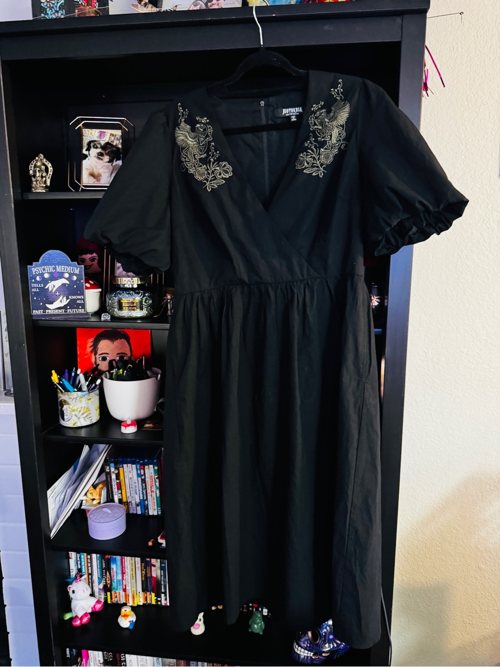 Disturbia Black Midi Dress with Gold Embroidered V-Neck